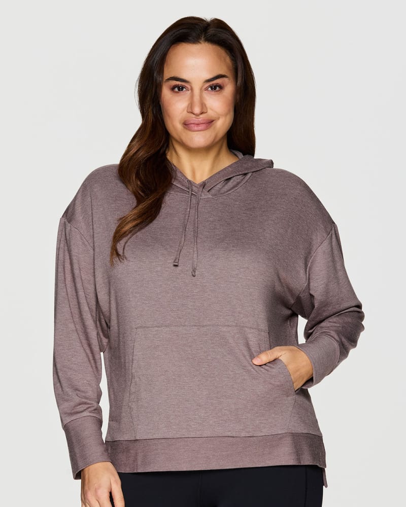 Front of a model wearing a size 1X Juniper French Terry Hoodie in Dark Taupe by RBX Active. | dia_product_style_image_id:244884